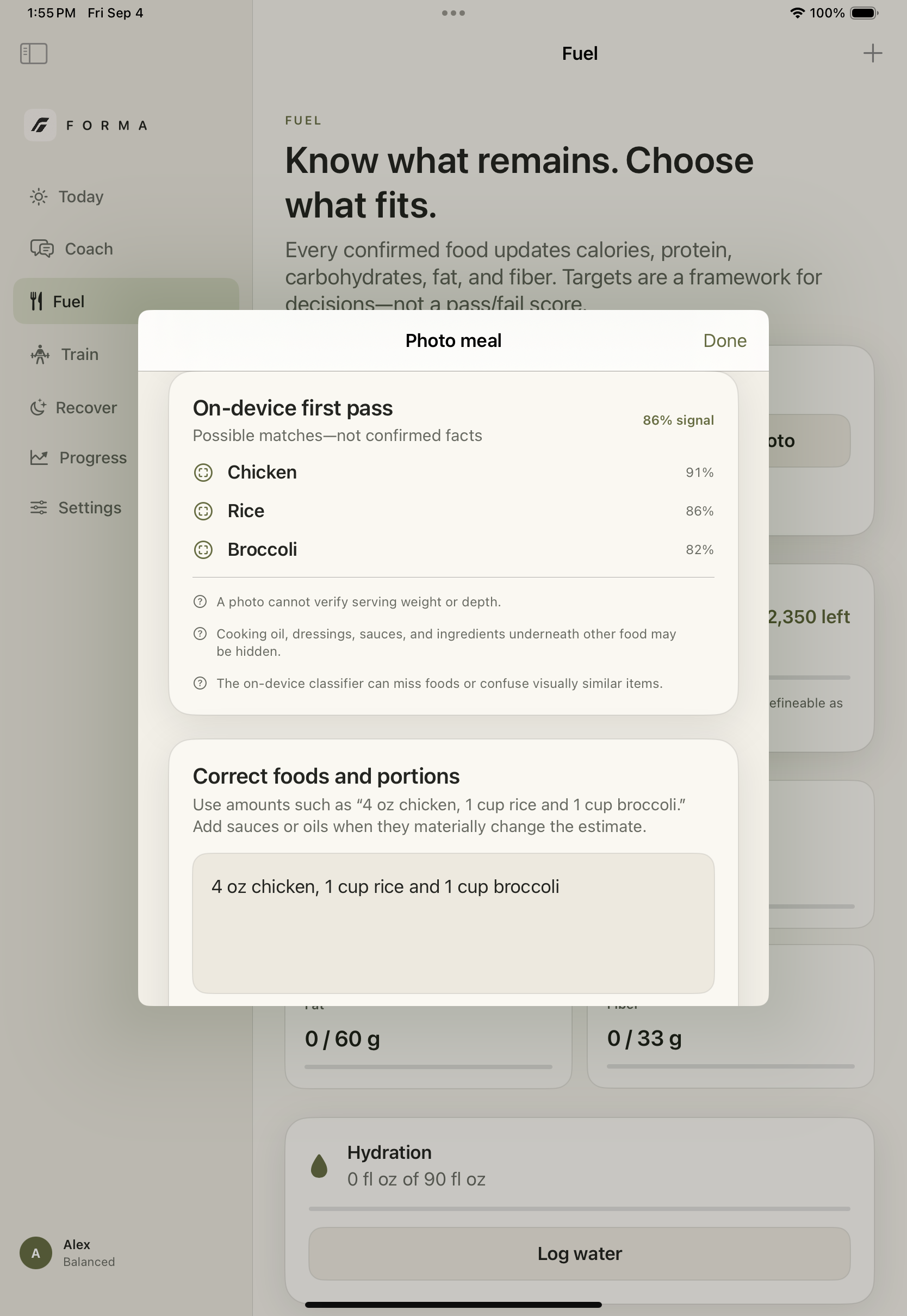 FORMA photo-based meal capture and correction flow