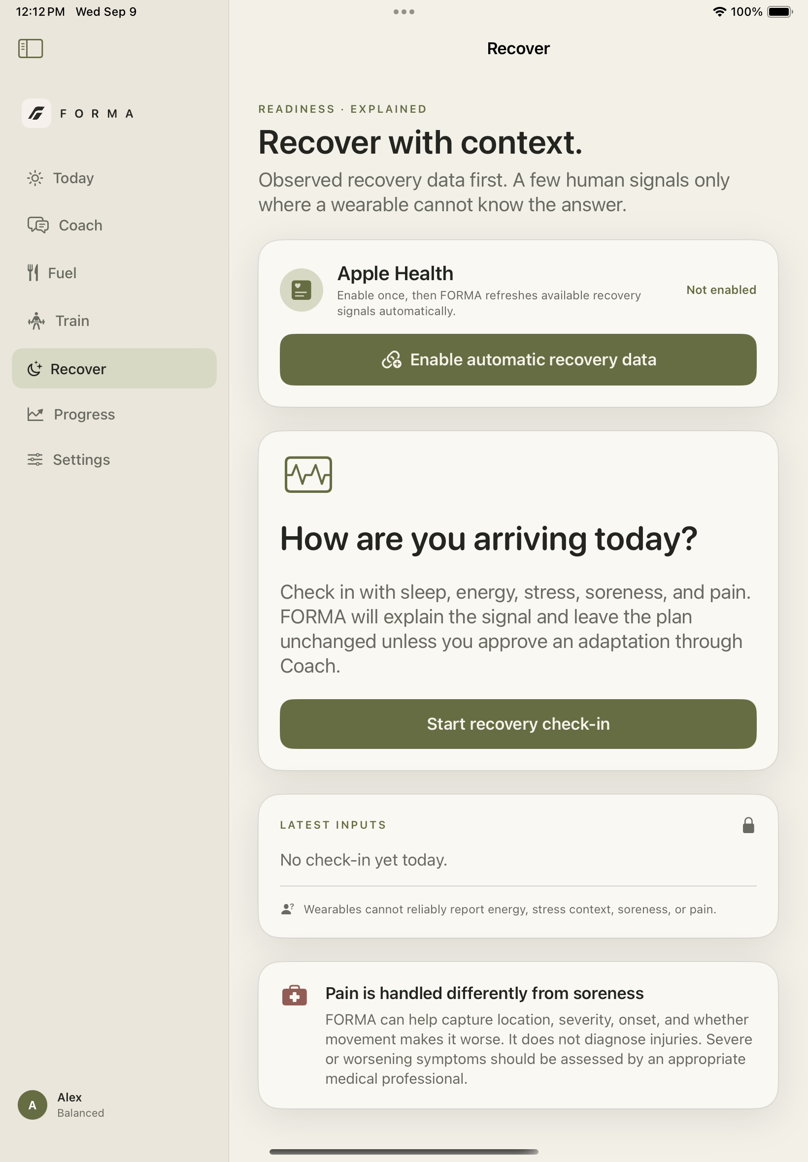 FORMA recovery check-in and health data controls