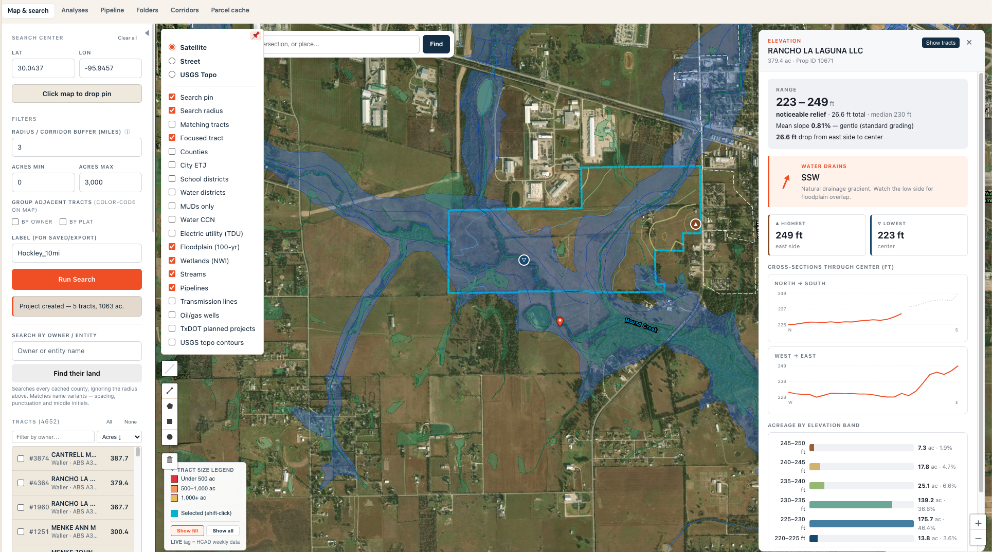 GIS constraint layers with an elevation analysis panel