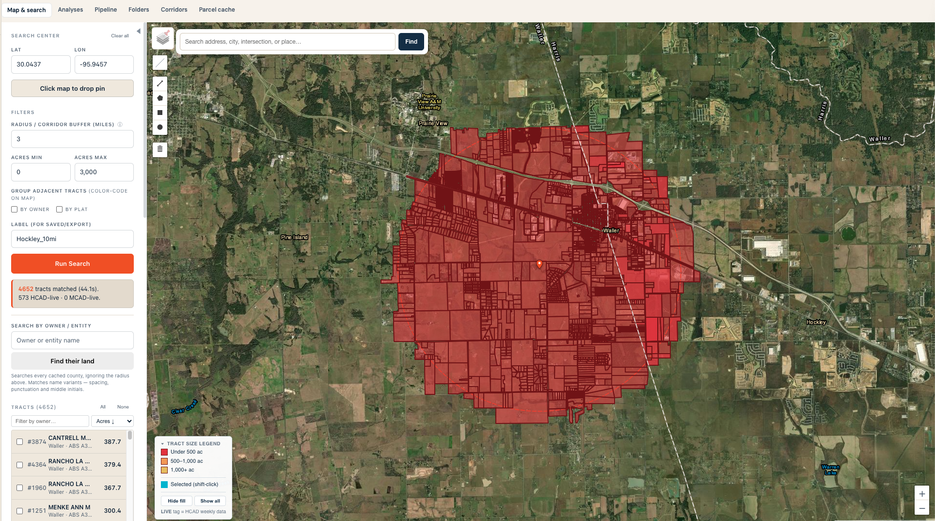 Acquisitions GIS showing a parcel search across Waller County