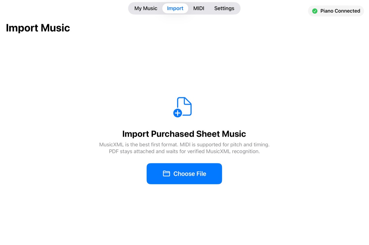 PianoCoach import screen for purchased sheet music