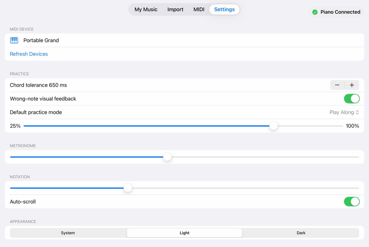 PianoCoach settings for MIDI device, chord tolerance, tempo, notation and appearance