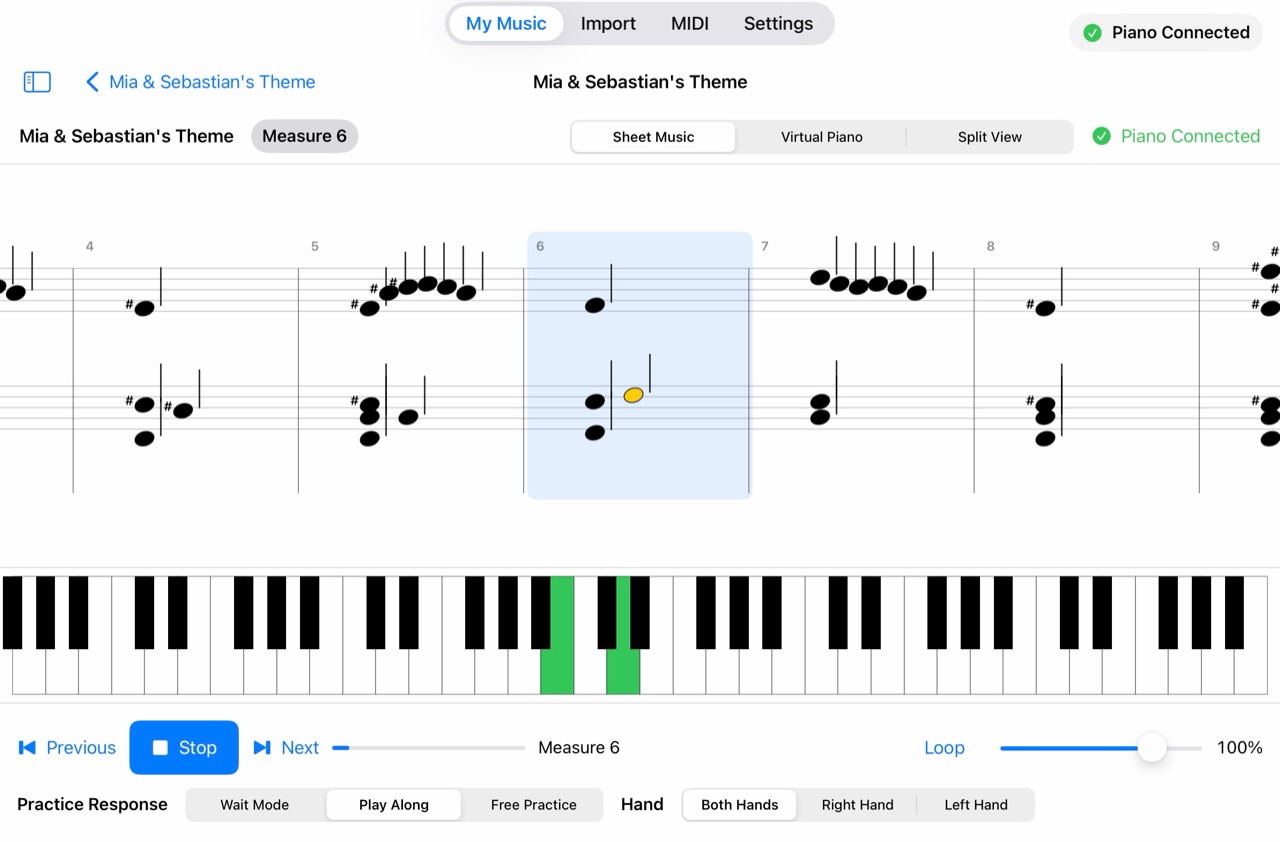 PianoCoach Sheet Music view with the current measure highlighted