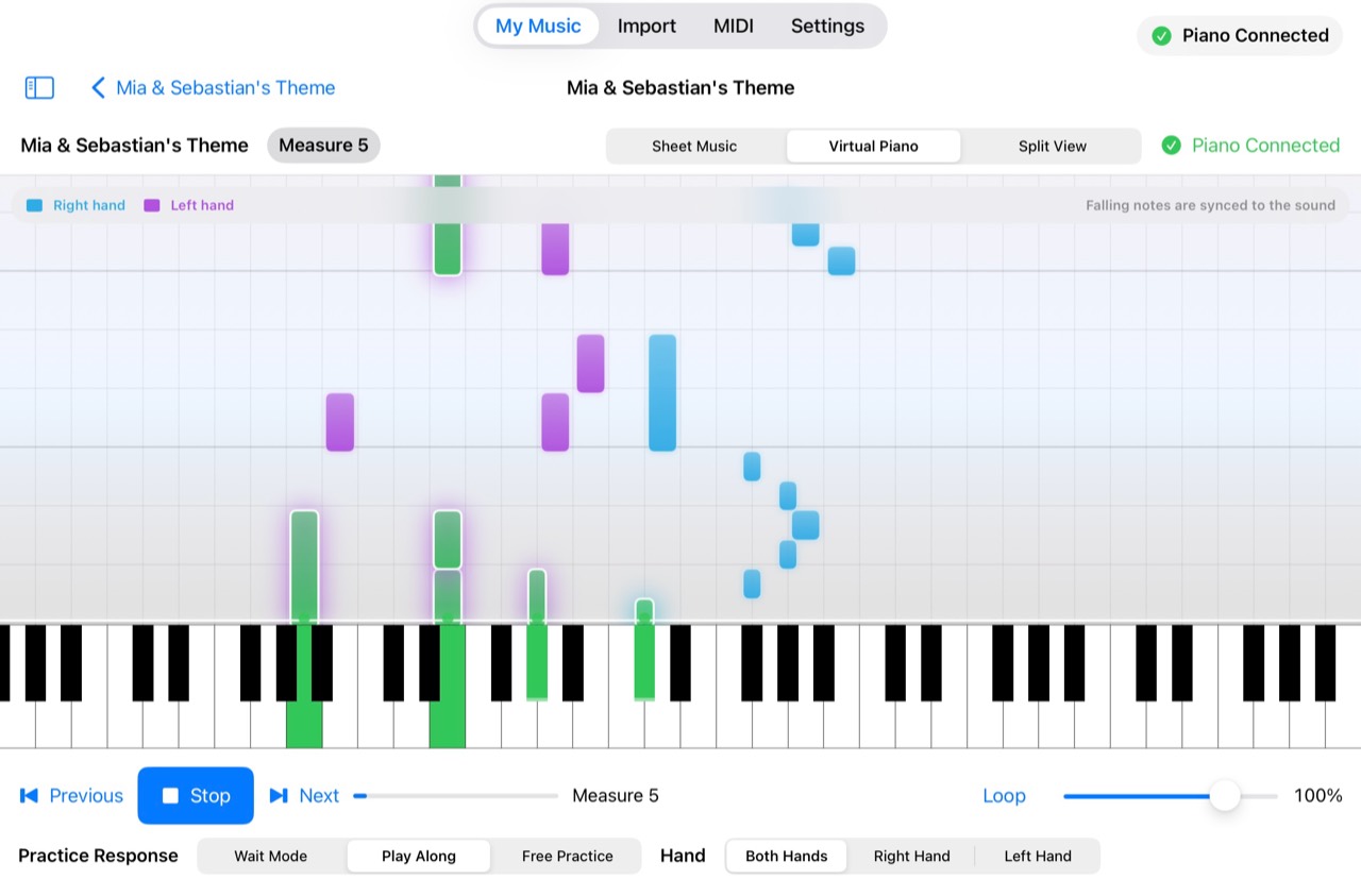 PianoCoach Virtual Piano view with falling notes and keyboard highlights